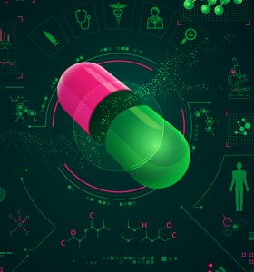 concept of pharmaceutical technology or medical health care, realistic pill with science analysis interface